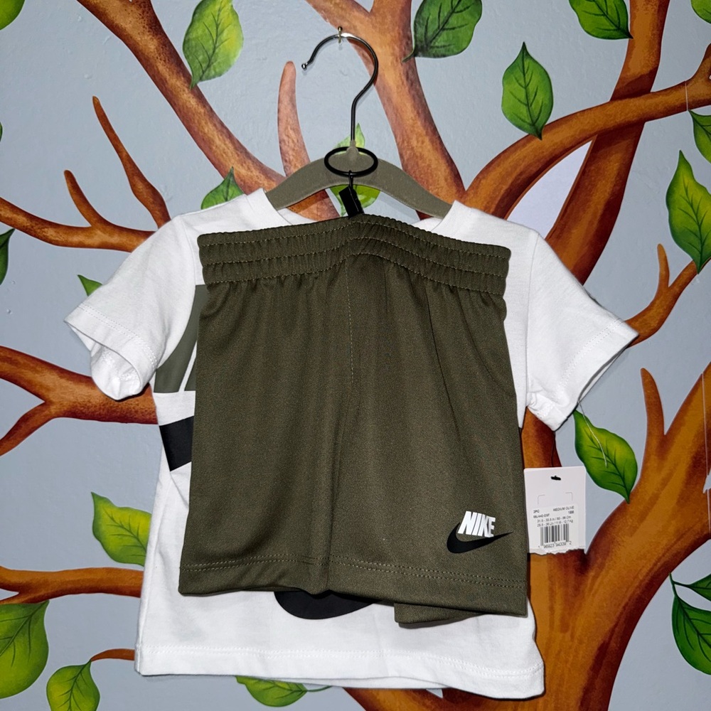 Nike Olive Green and White Boys' Athletic Tee & Shorts Set